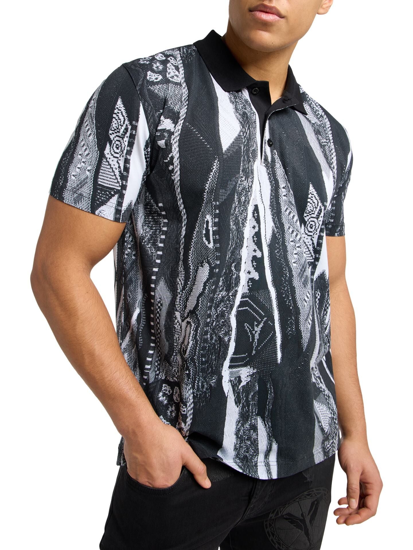 CARLO COLUCCI POLOSHIRT MET GEBREIDE PRINT ZWART.