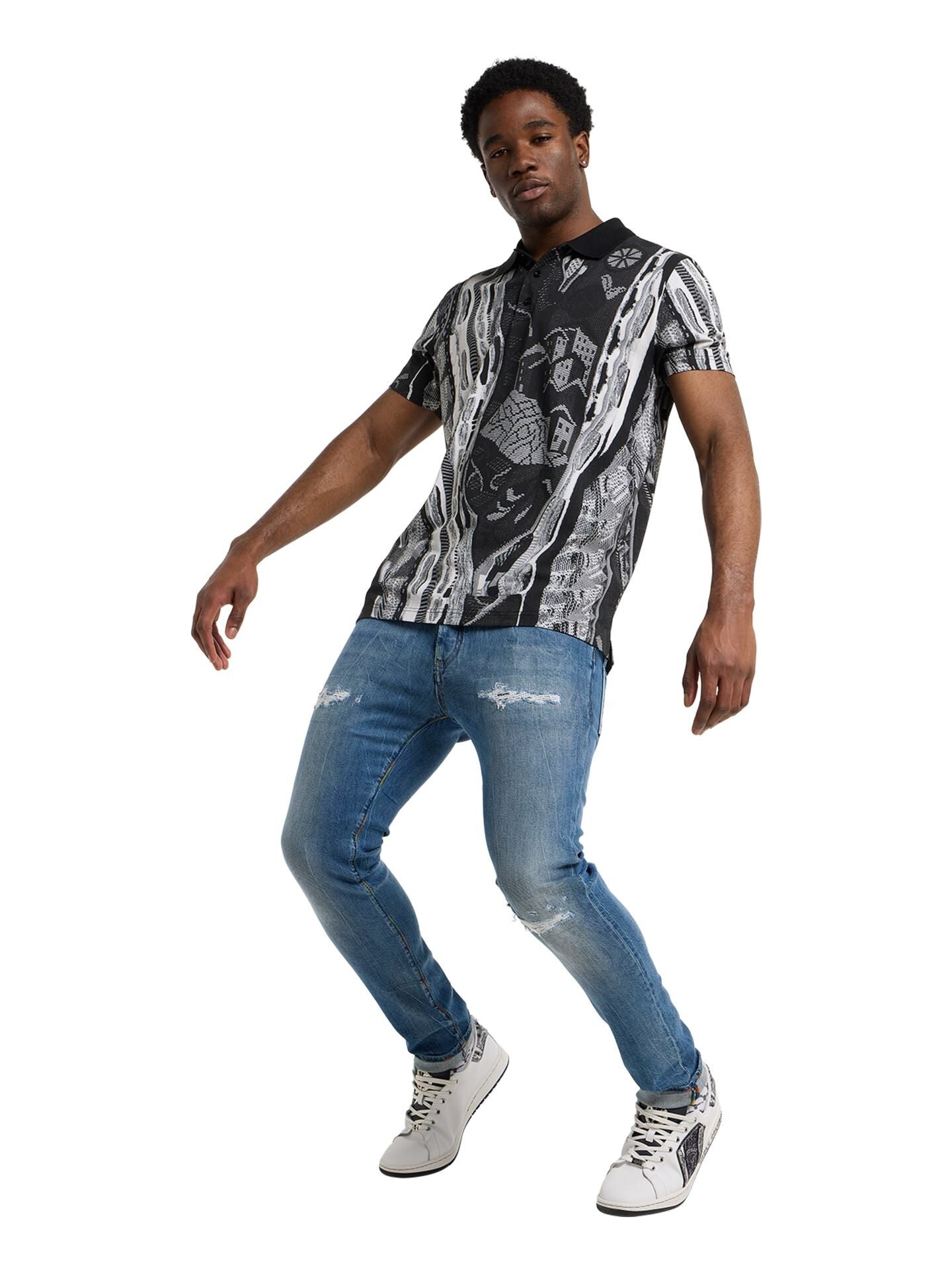 CARLO COLUCCI POLO SHIRT MET GEBREIDEN PRINT ZWART WIT.