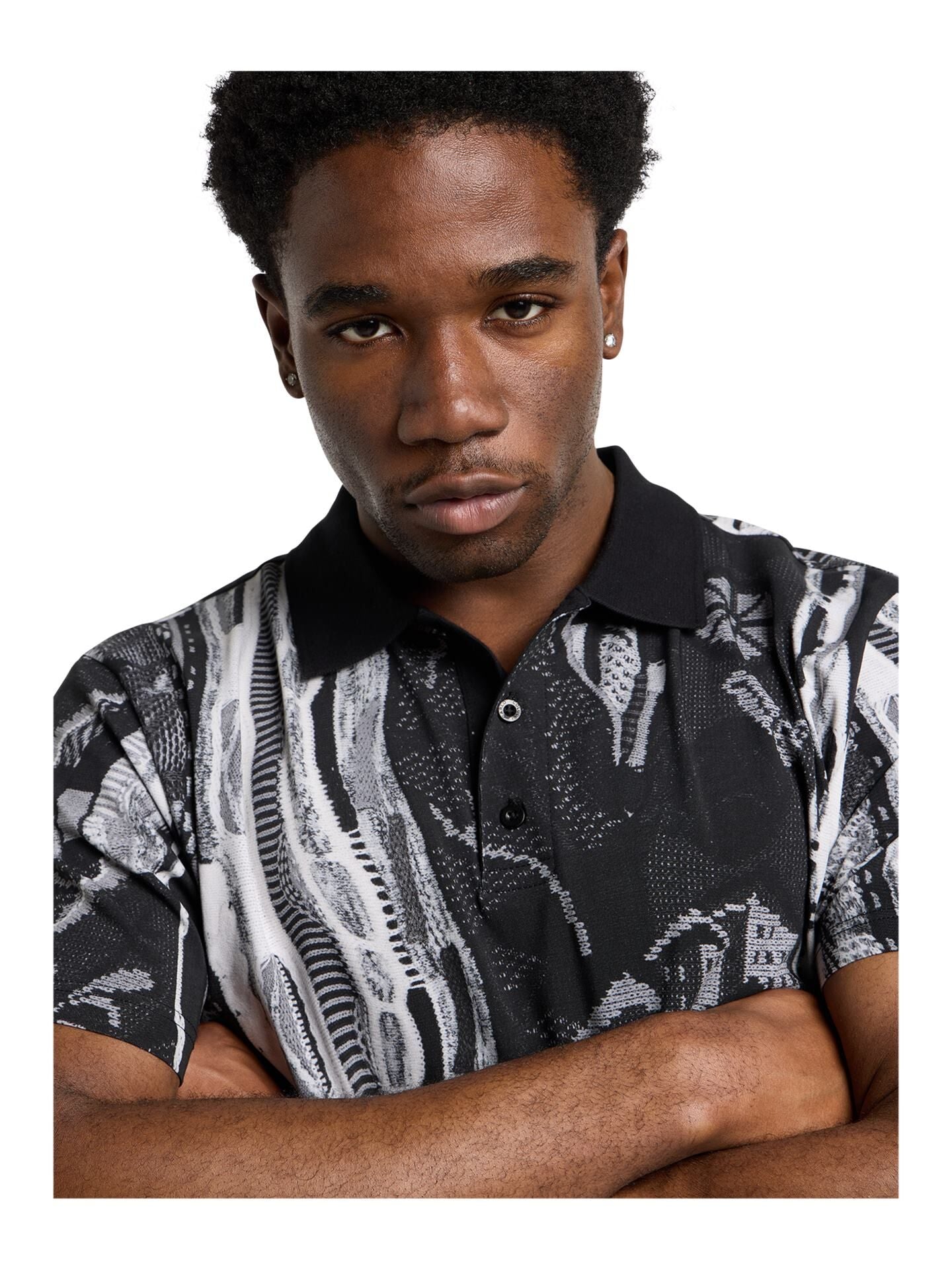 CARLO COLUCCI POLO SHIRT MET GEBREIDEN PRINT ZWART WIT.
