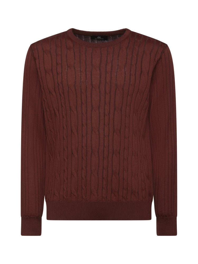 Montechiaro Gebreide Kabel Trui Ronde Hals Donker Rood/Blauw.