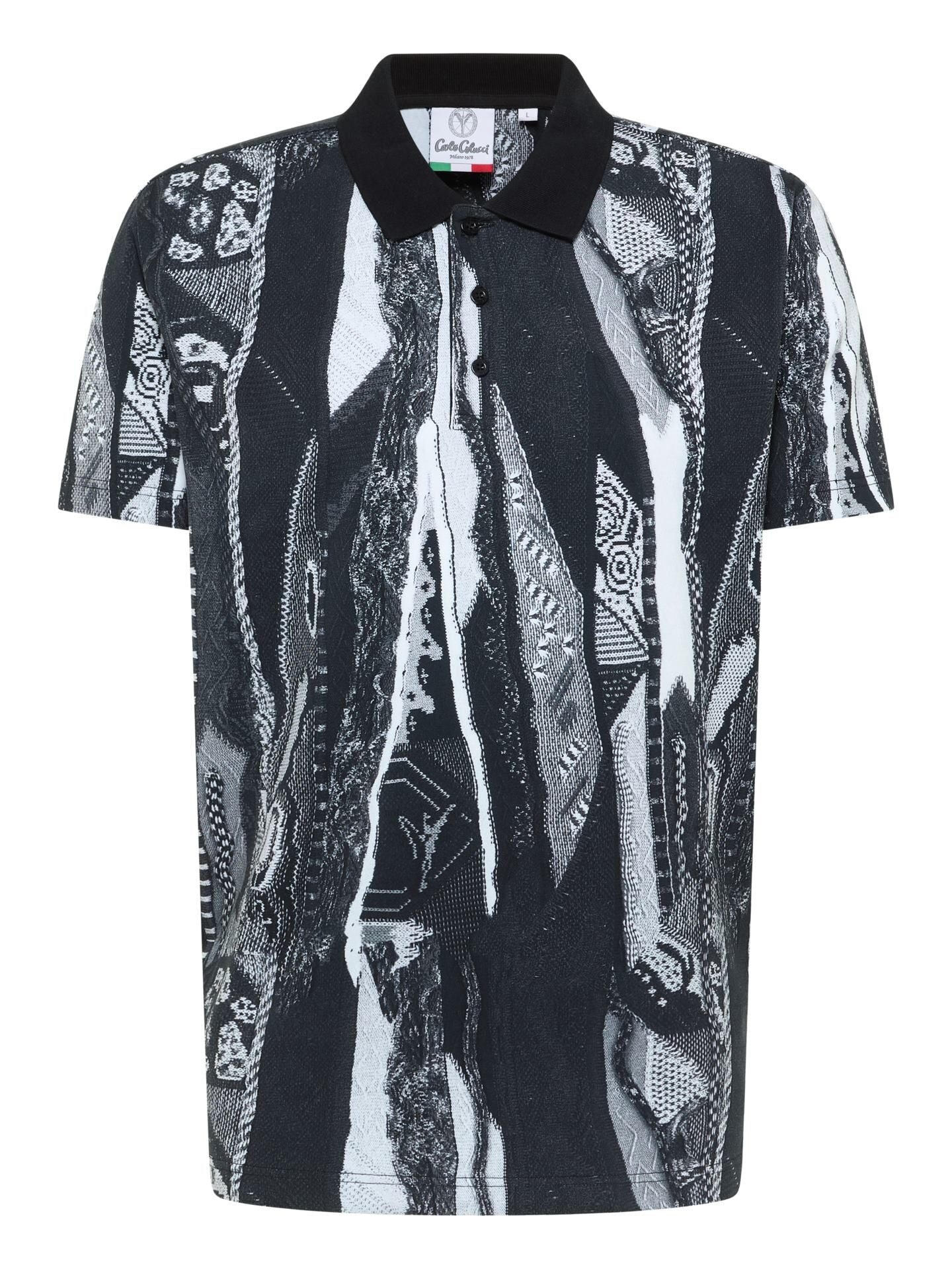 CARLO COLUCCI POLOSHIRT MET GEBREIDE PRINT ZWART.