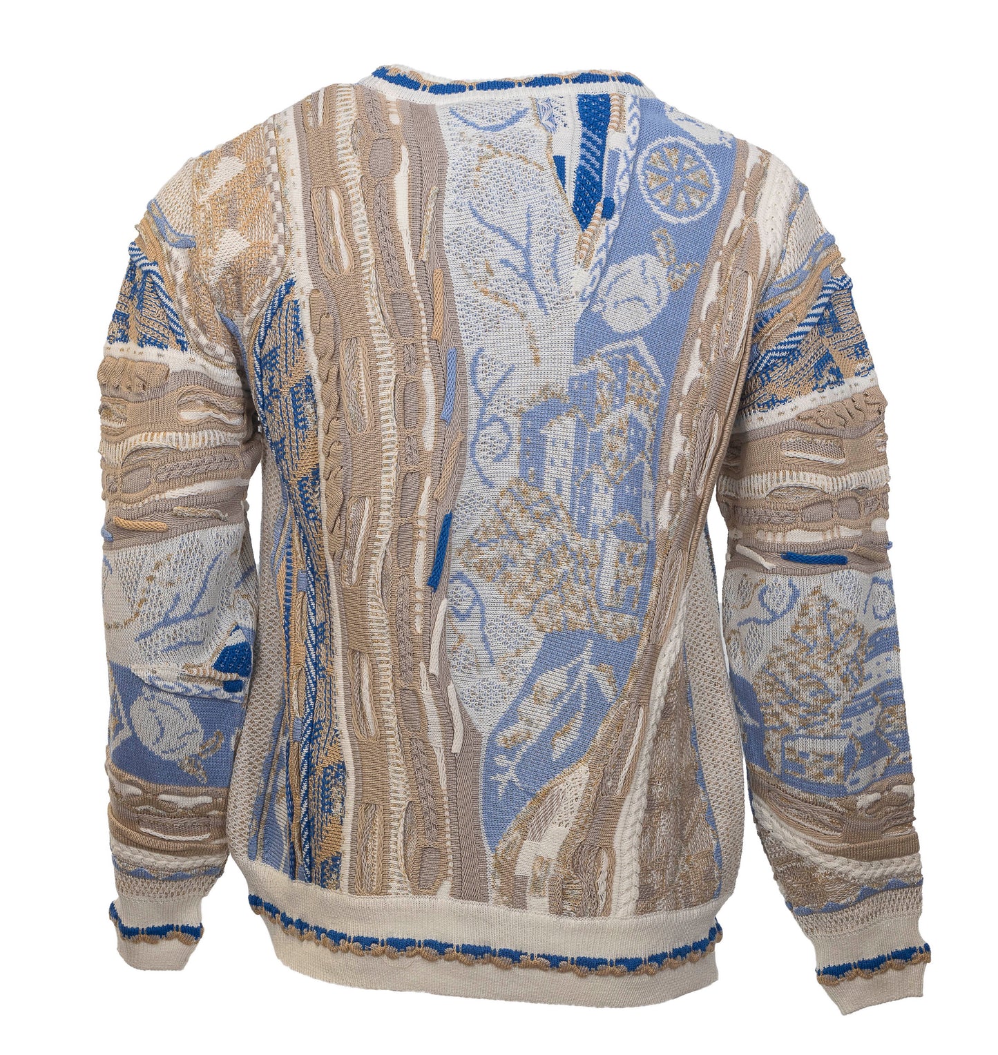 Carlo Colucci Gebreide Trui Beige Blauw Ronde Hals.