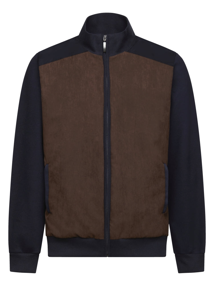 Montechiaro Blauwe Vest met Bruine Suède Voorpand.