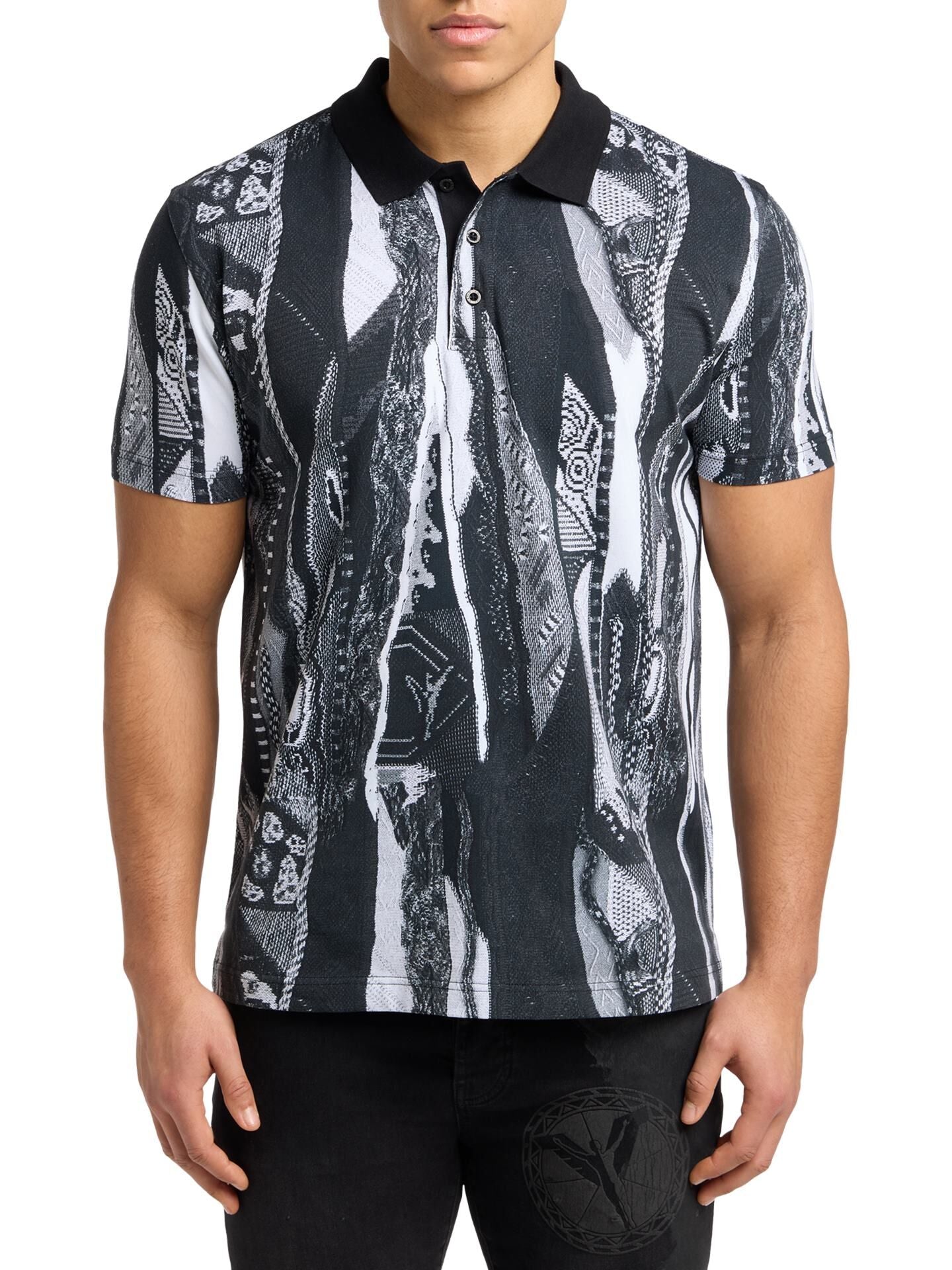 CARLO COLUCCI POLOSHIRT MET GEBREIDE PRINT ZWART.