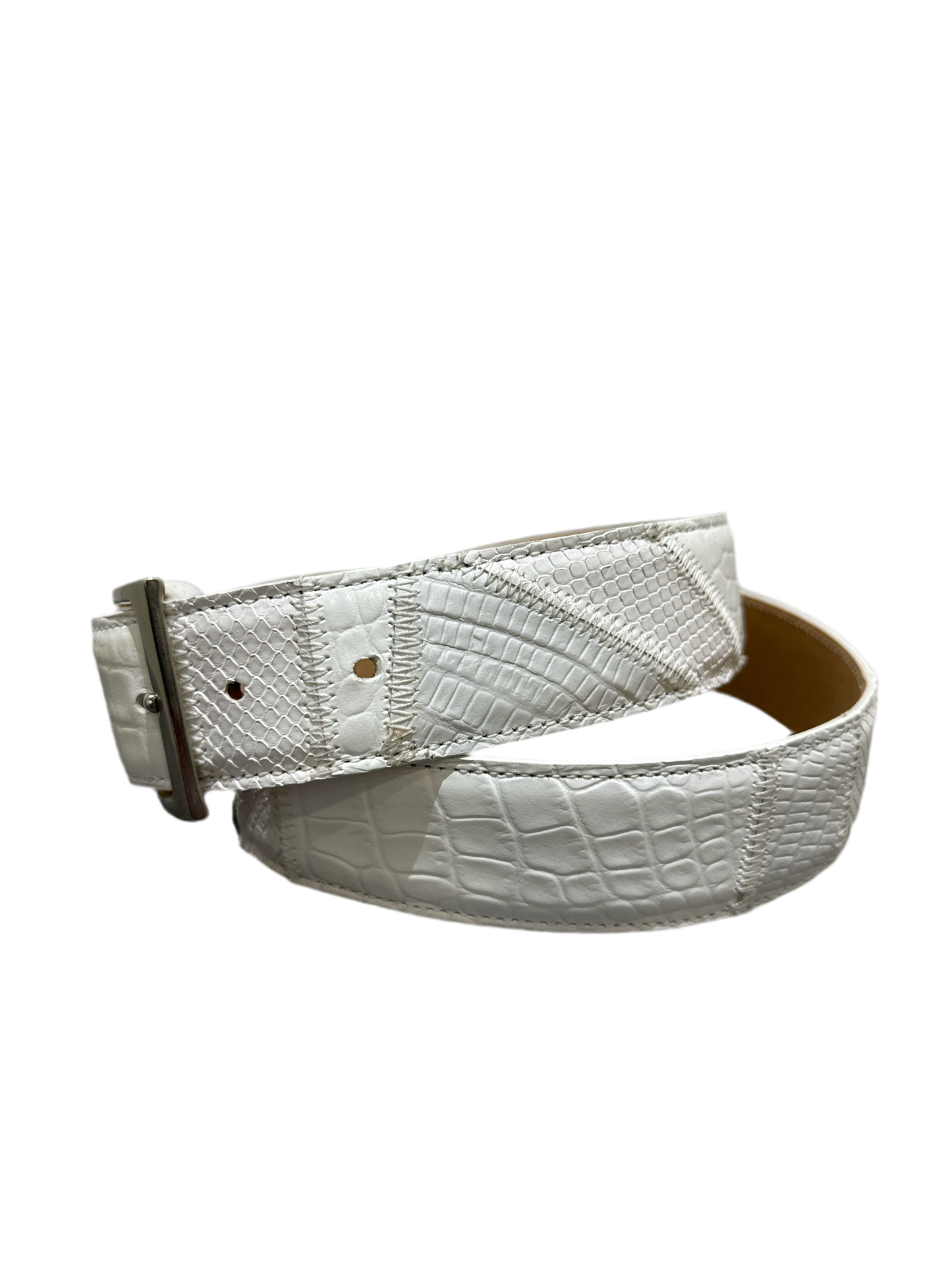 Ganz Milano Hand Made Leren Riem met Croco Print Wit.