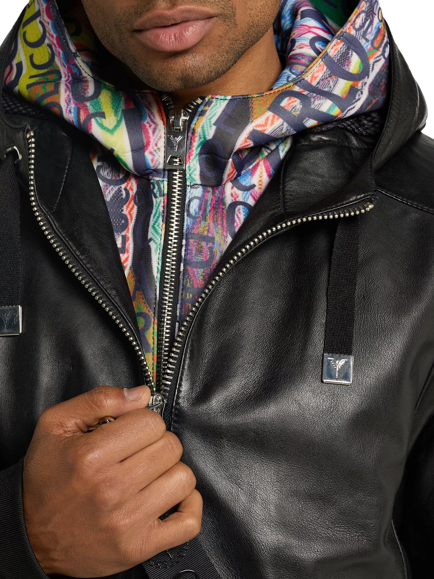 Carlo Colucci lederen jas met veelkleurige capuchon Maat-M