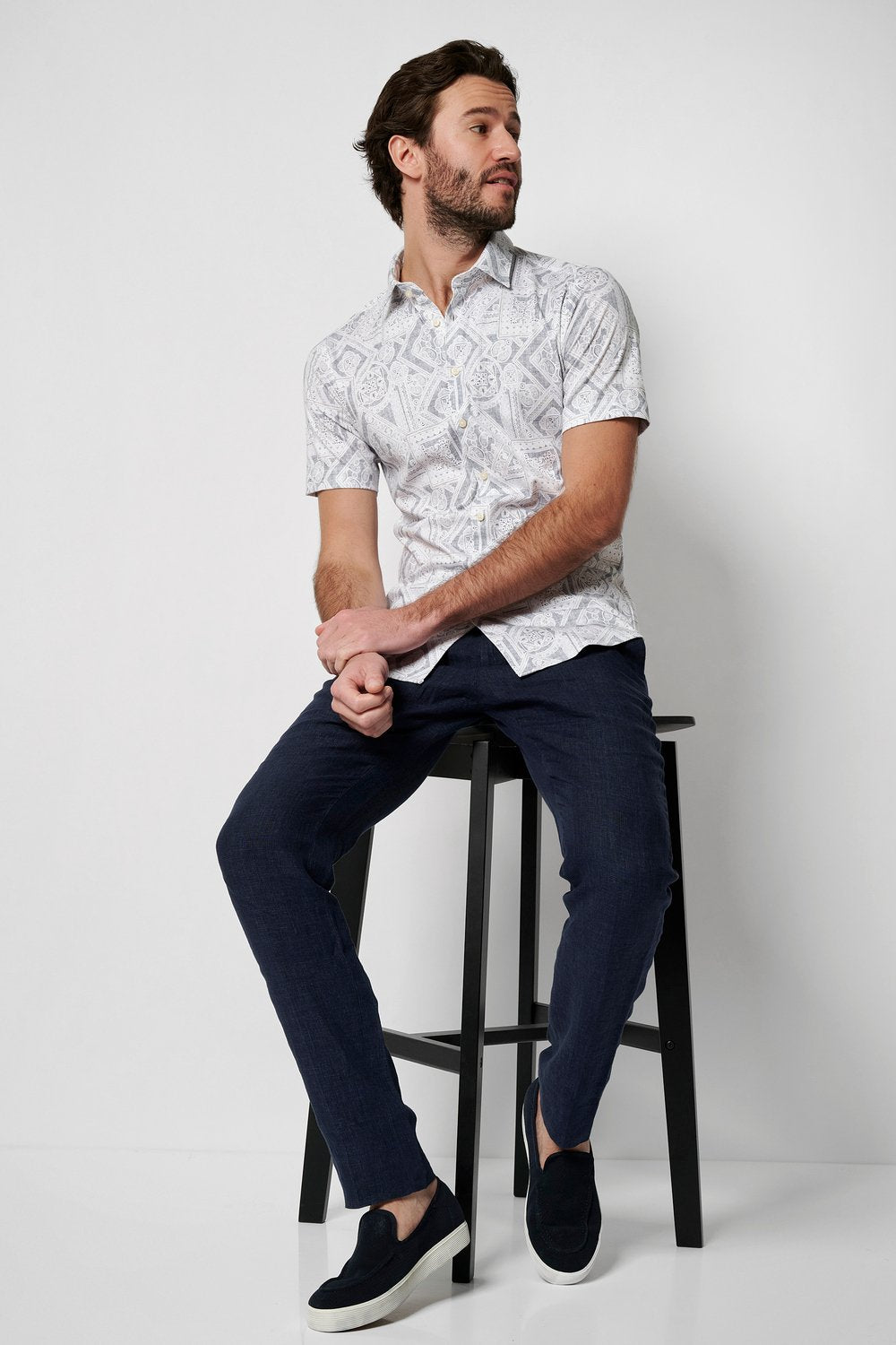 Desoto overhemd korte mouw allover print Grijs Wit