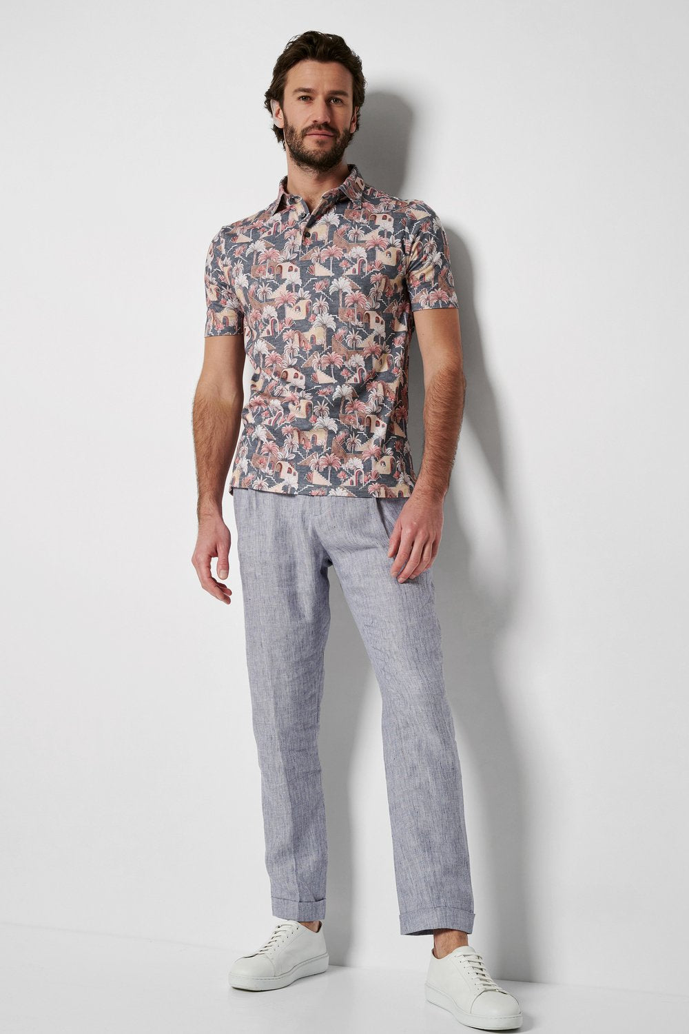 Desoto Polo korte mouw palmbomen print Grijs
