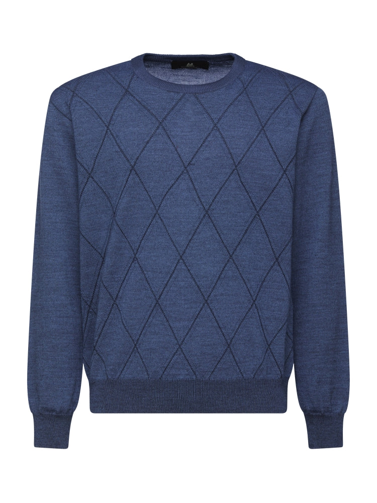 Montechiaro Trui Ronde Hals Ruitpatroon Blauw.