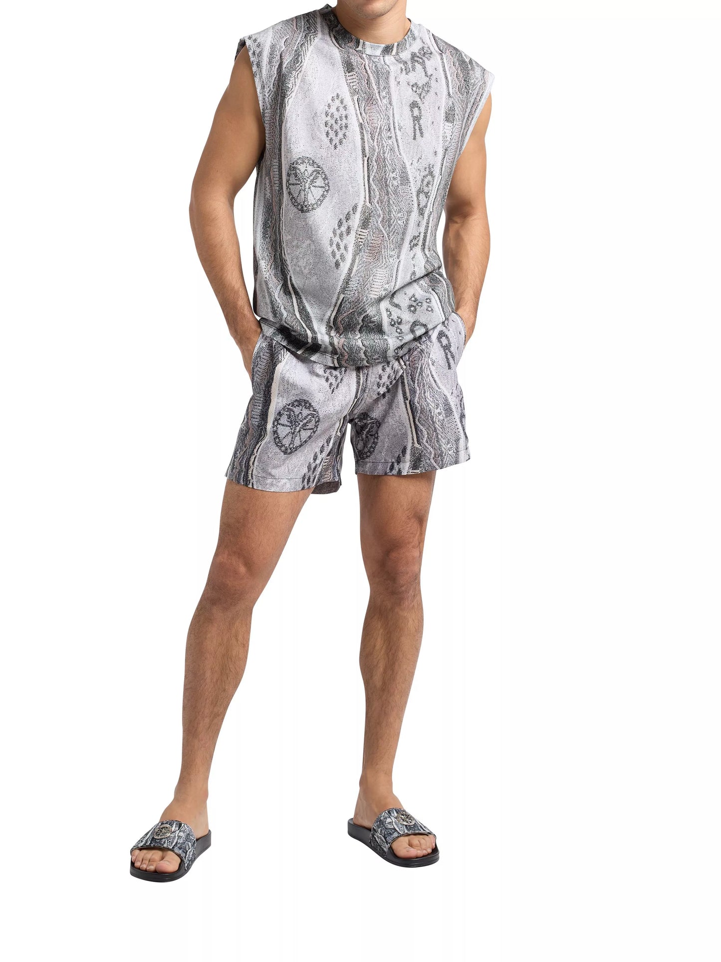 Carlo Colucci zwemshort met gebreide print Wit Grijs
