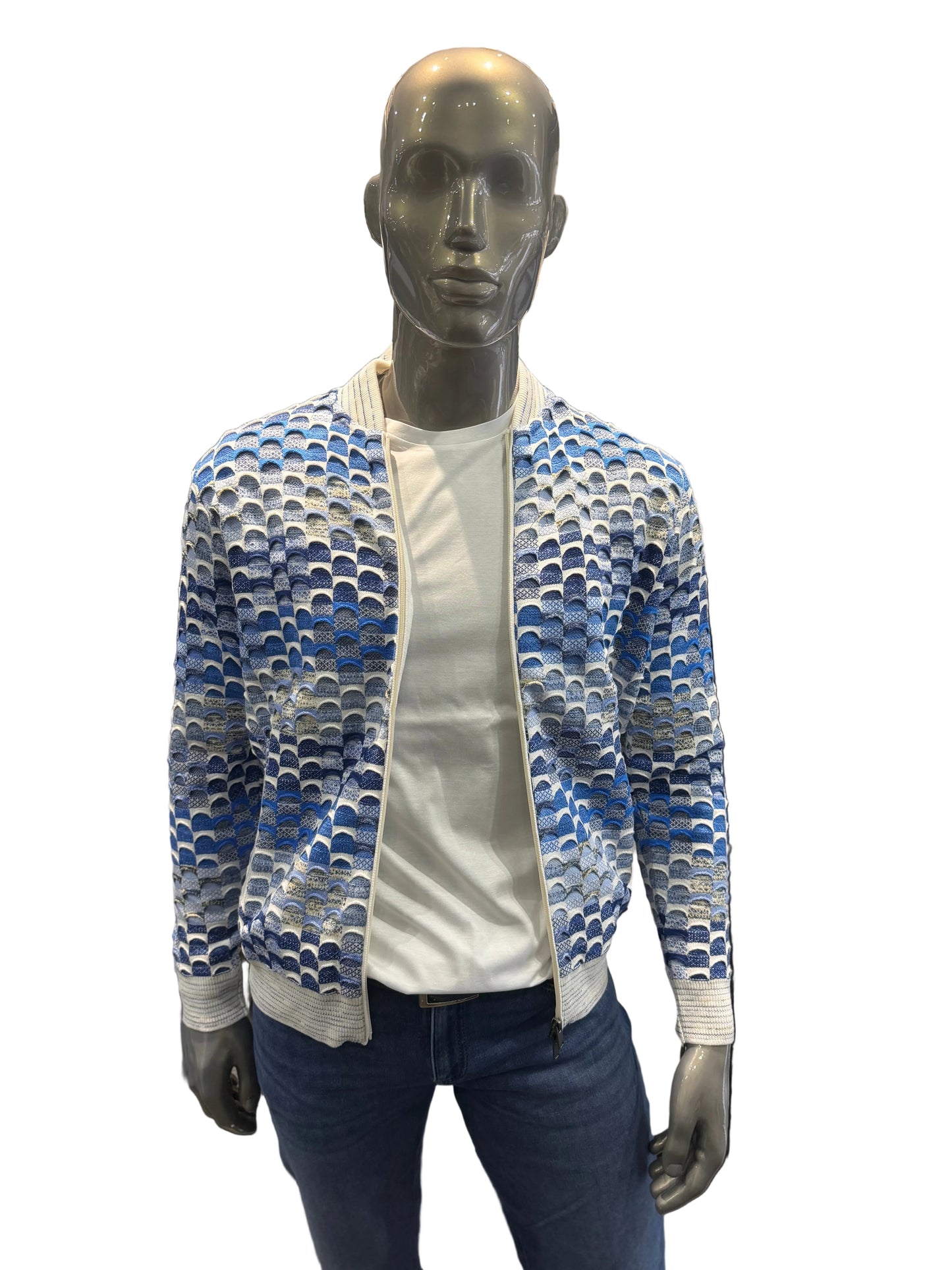 MONTECHIARO 3D-JAQUARD GEREID PATROON VEST BLAUW