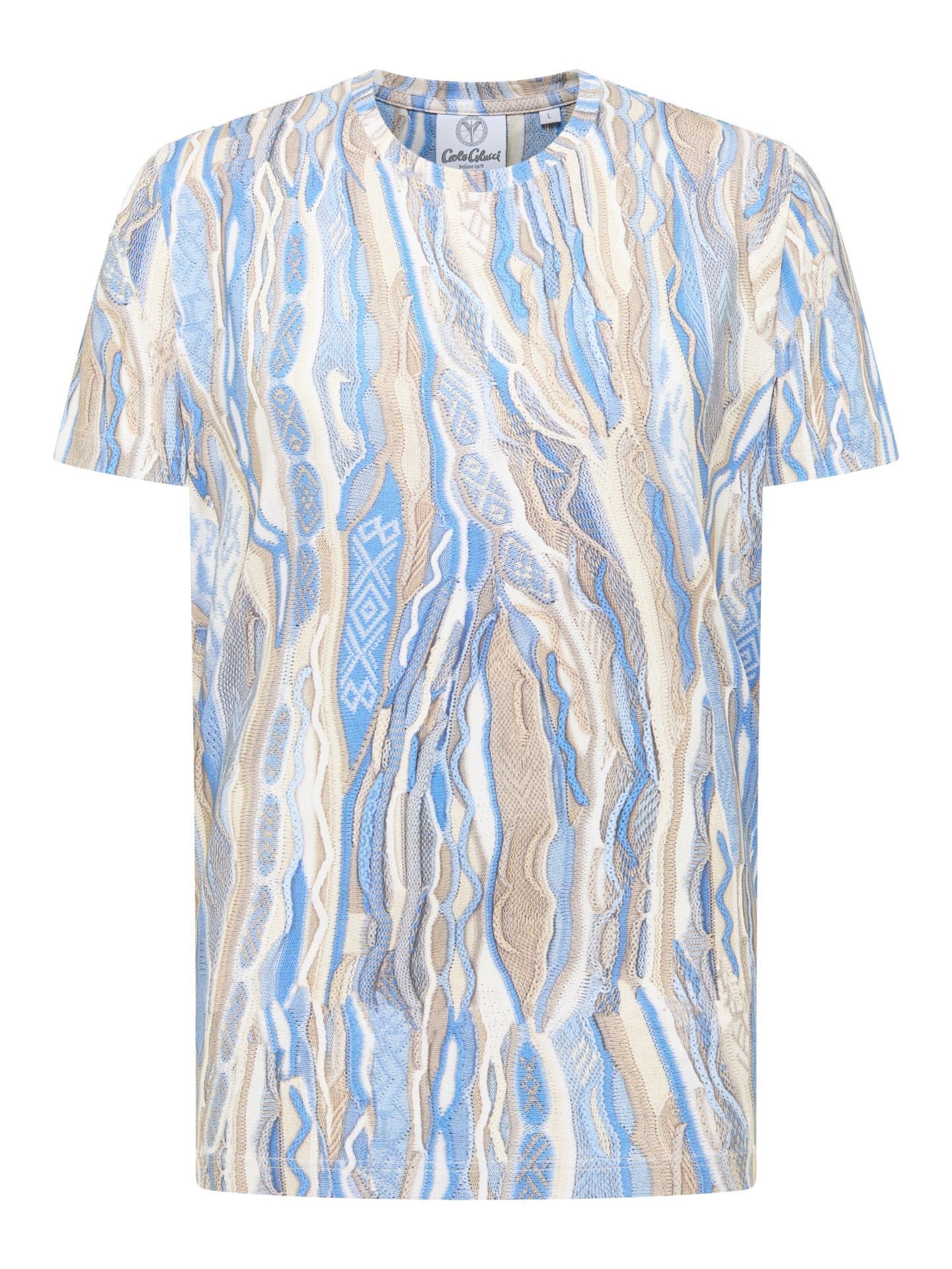 3D Gebreiden Print T-Shirt Blauw-Beige