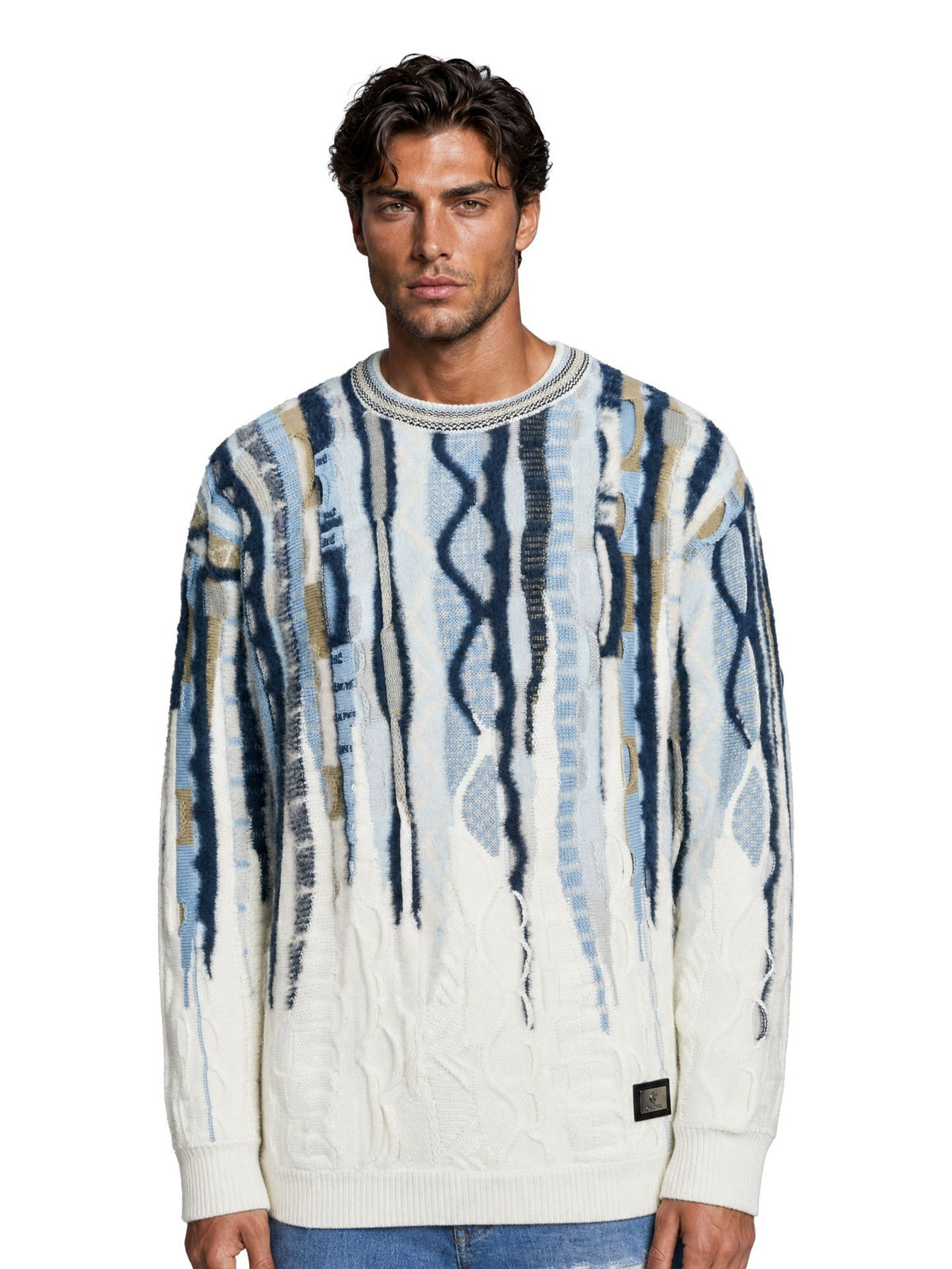 OVERSIZED FLUFFY (PLUIZIGE) TRUI - 3D-GEBREID BLAUW WIT