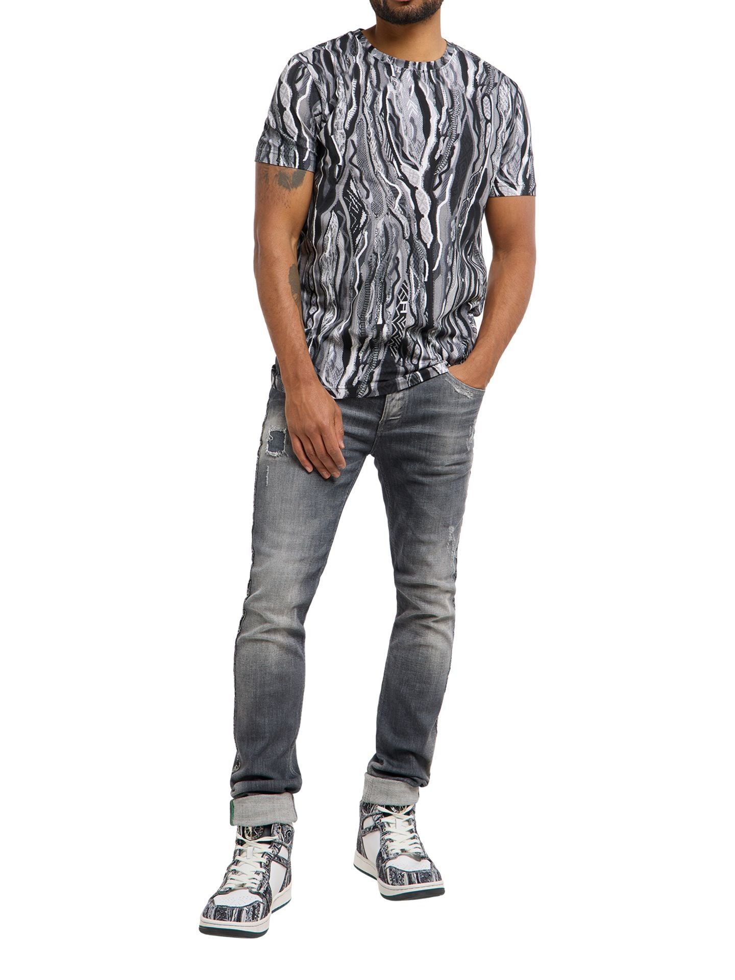 3D Gebreiden Print T-shirt zwart-Wit