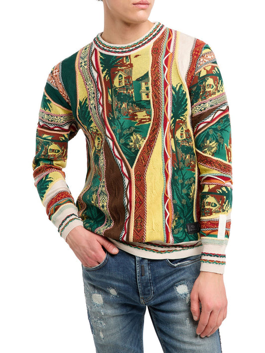 GEBREIDEN TRUI IN 3D JAQUARD PATROON BEIGE GROEN