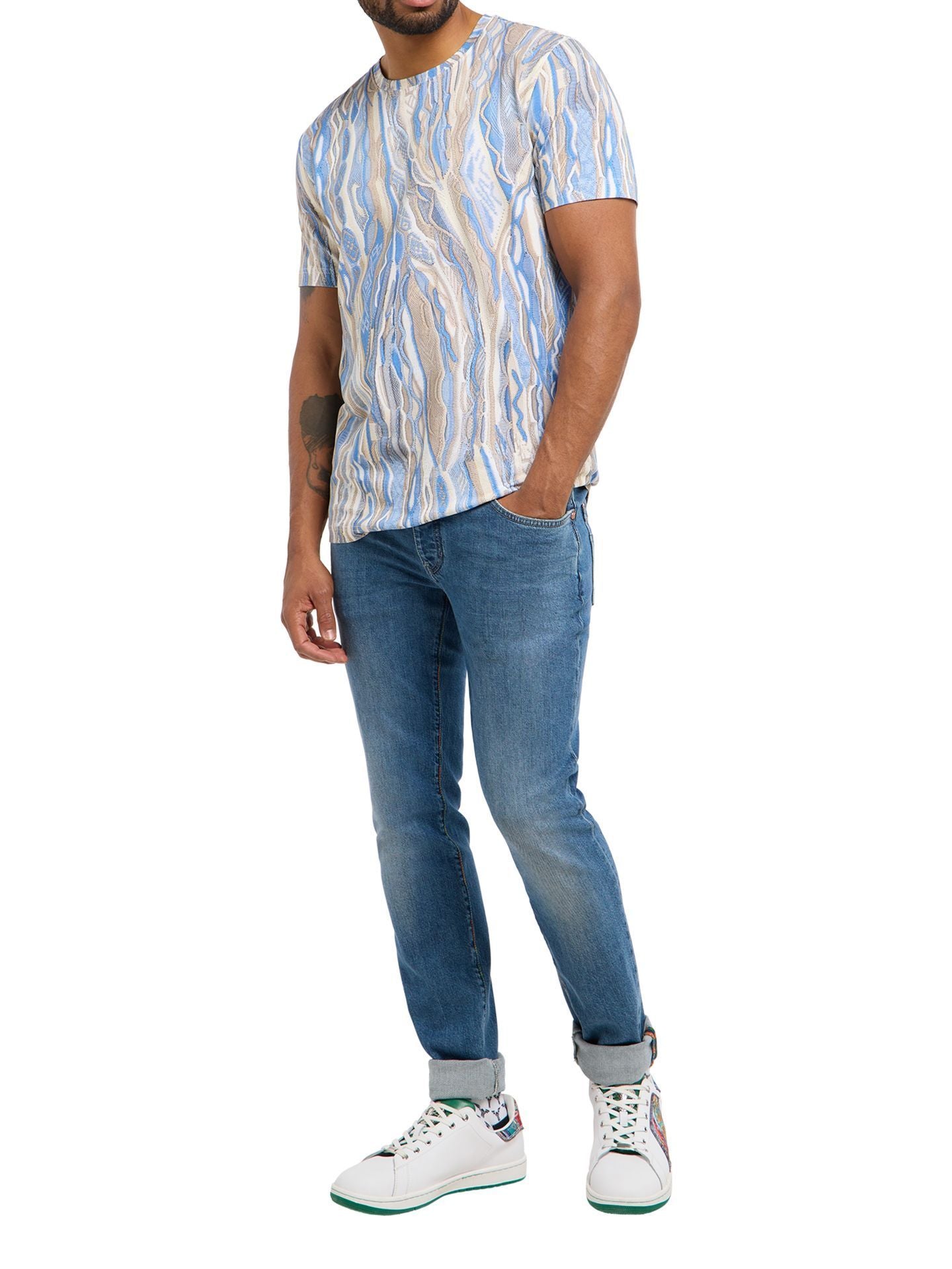 3D Gebreiden Print T-Shirt Blauw-Beige