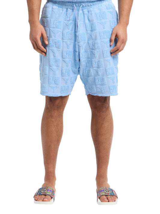 OVERSIZED SHORTS MET BADSTOF INZETSTUKKEN BLUE.