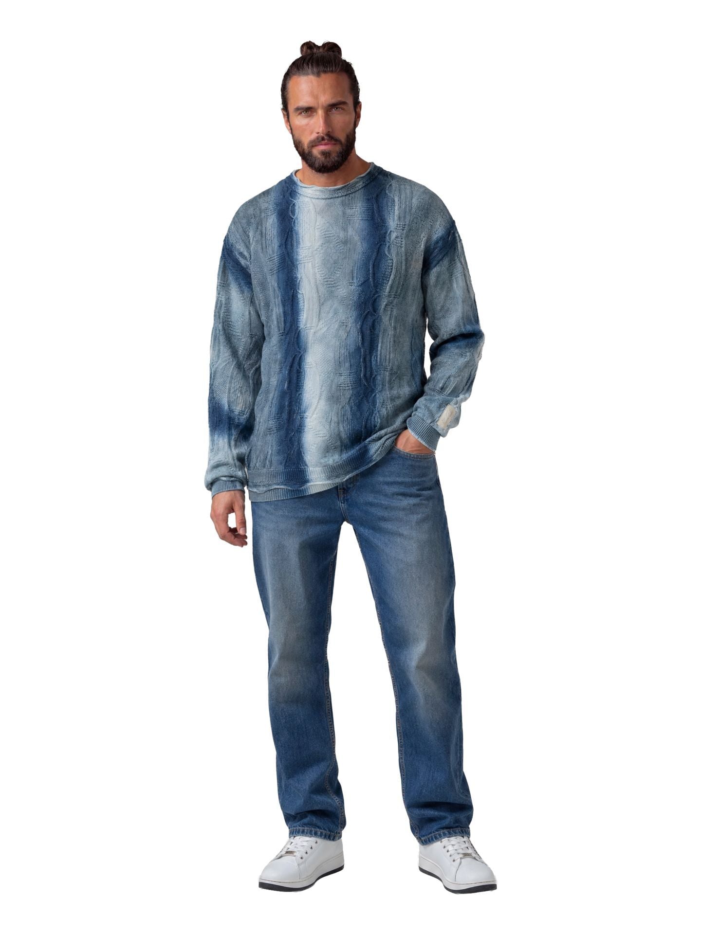 3D-GEBREIDE TRUI MET VLOEIBARE STEKEN BLAUW