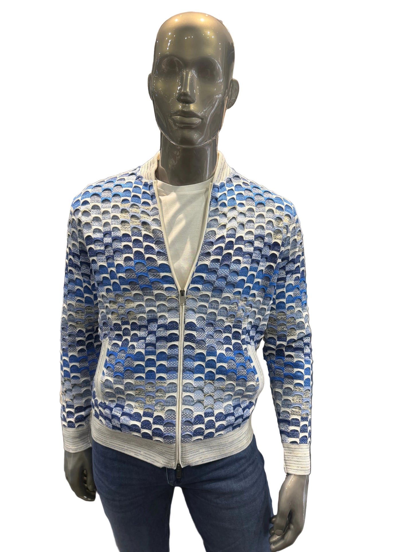 MONTECHIARO 3D-JAQUARD GEREID PATROON VEST BLAUW
