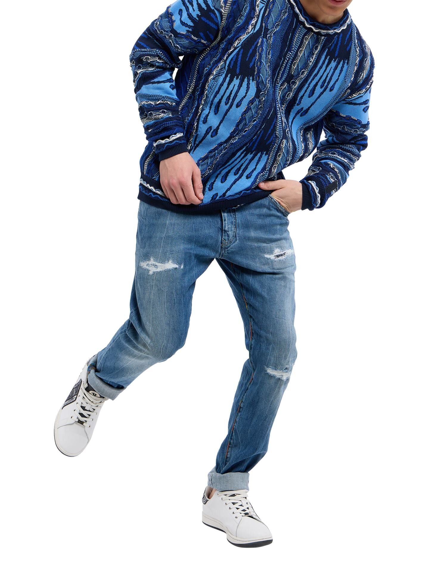 CARLO COLUCCI 3D GEBREIDEN TRUI JEANS BLAUW KLEUR.