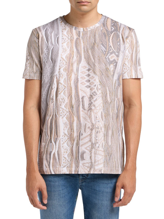 Carlo Colucci T-Shirt Beige en Blauw met Allover Print.