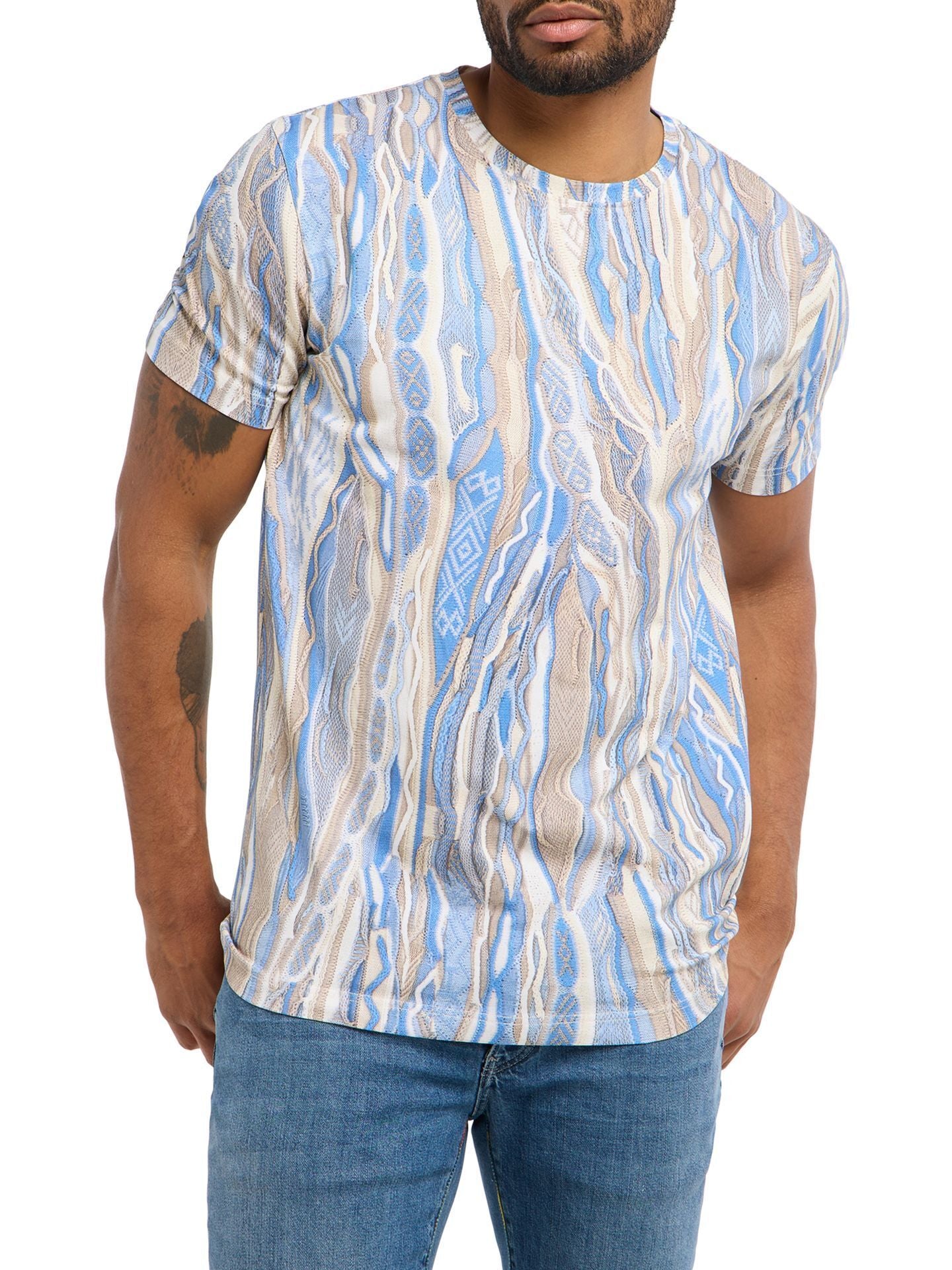 3D Gebreiden Print T-Shirt Blauw-Beige