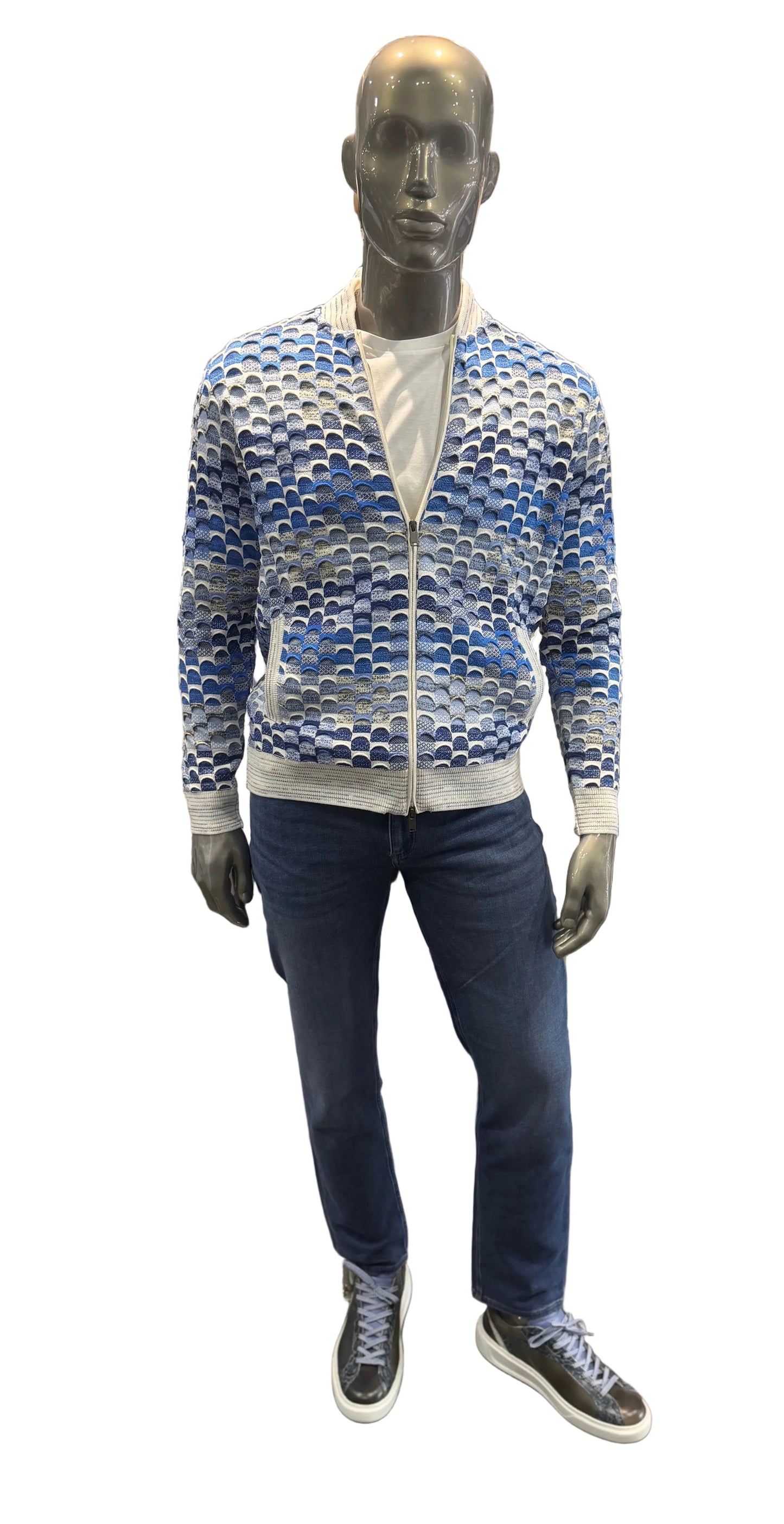 MONTECHIARO 3D-JAQUARD GEREID PATROON VEST BLAUW
