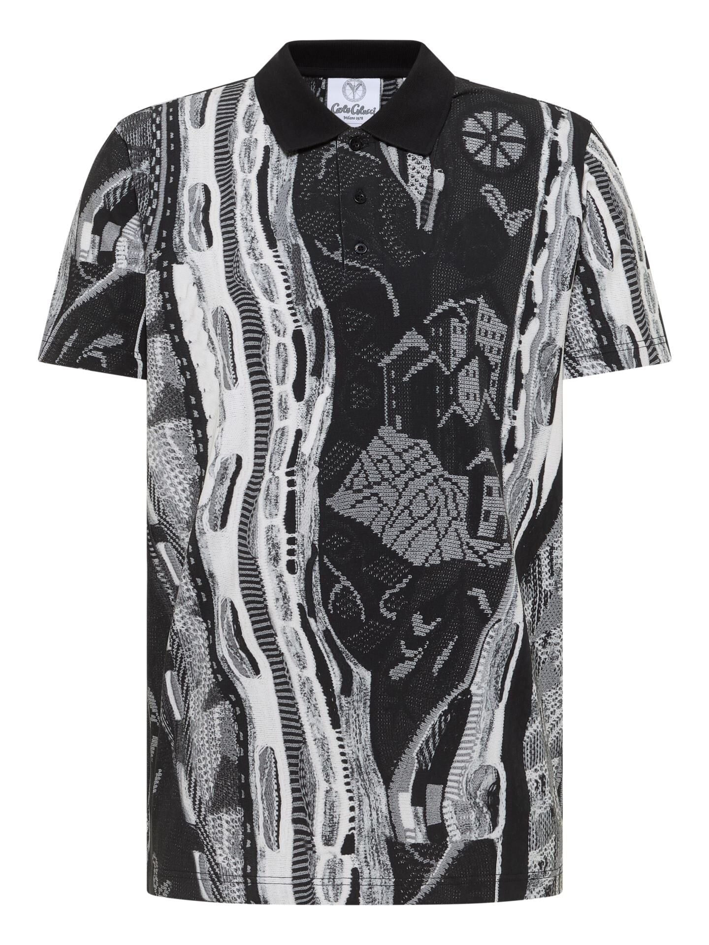 CARLO COLUCCI POLO SHIRT MET GEBREIDEN PRINT ZWART WIT.