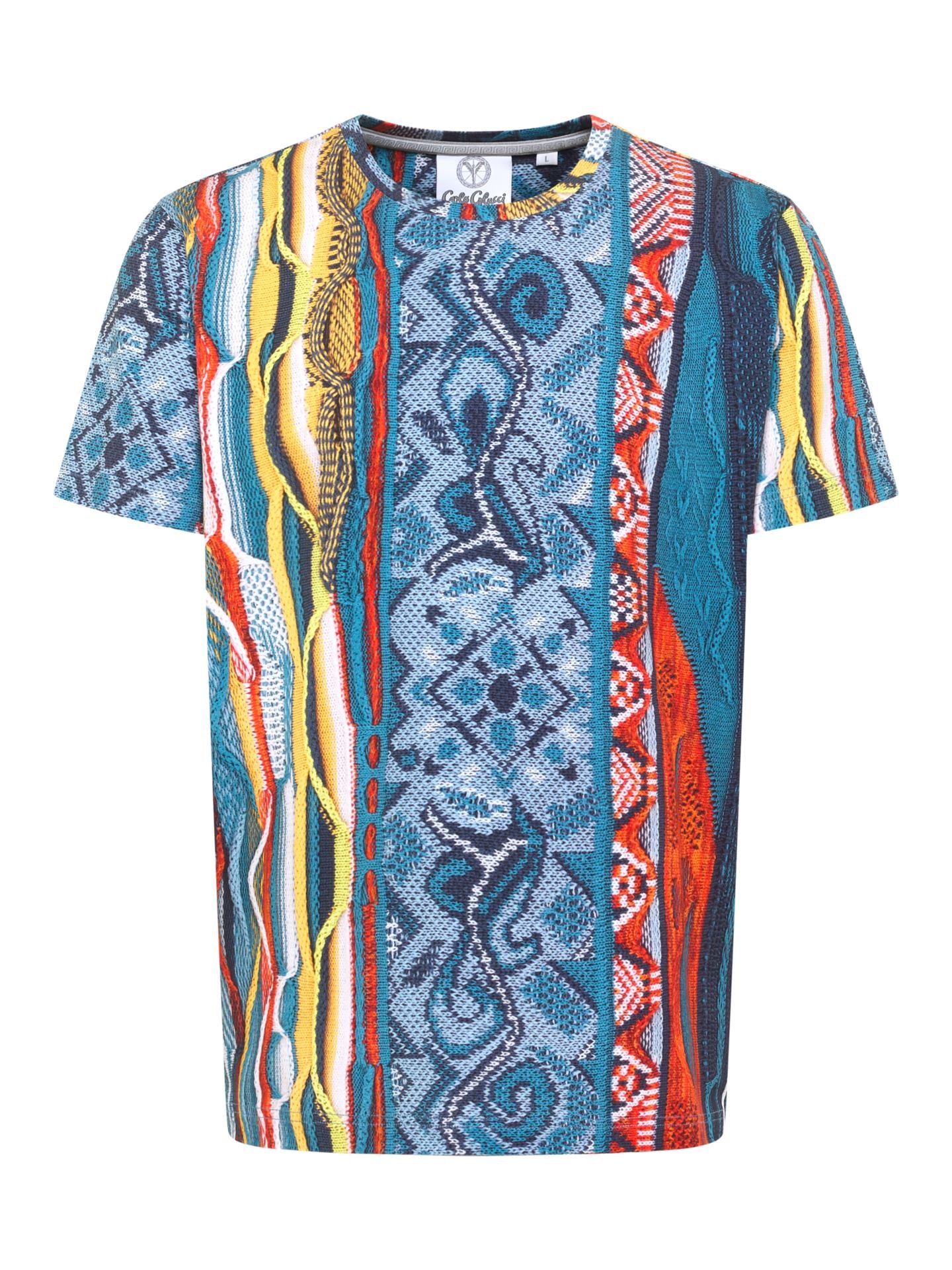 Carlo Colucci T-Shirt met Allover Knit-Print Blauw.