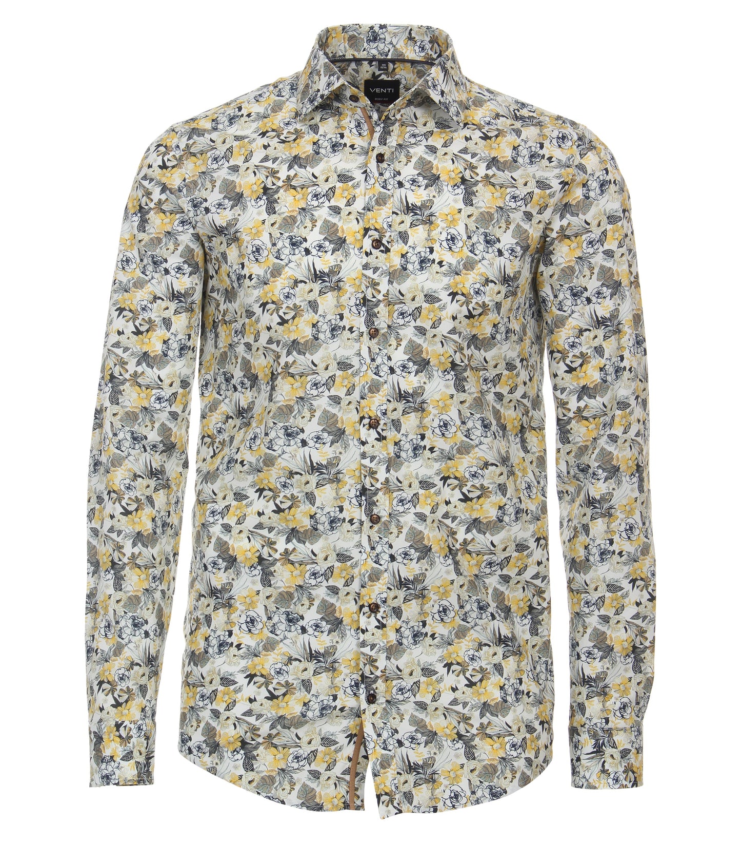 Venti Heren overhemd met bloemen print getailleerd Geel