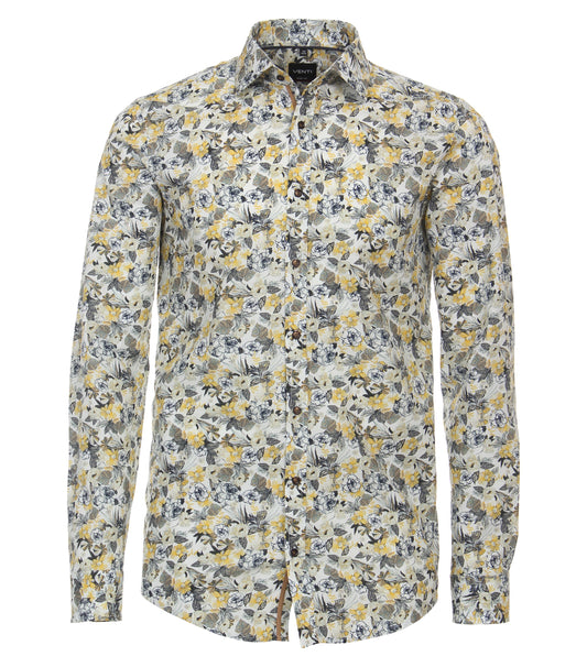 Venti Heren overhemd met bloemen print getailleerd Geel